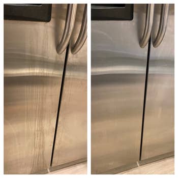 reviewer's before and after photos of a dirty stainless-steel fridge that is wiped clean in just five minutes