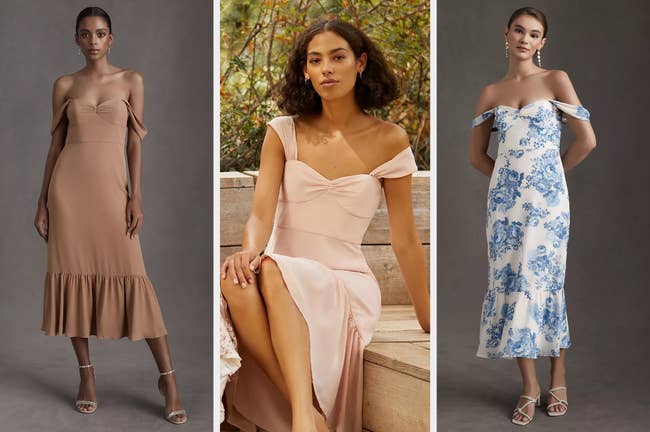 Model wearing off the shoulder dress in brown with sweetheart neckline and ruffle bottom hem paired with silver heels, model sitting on wooden bench in product in light pink with strap on shoulder, model wearing product in white and blue floral with white strappy sandals and ling earrings