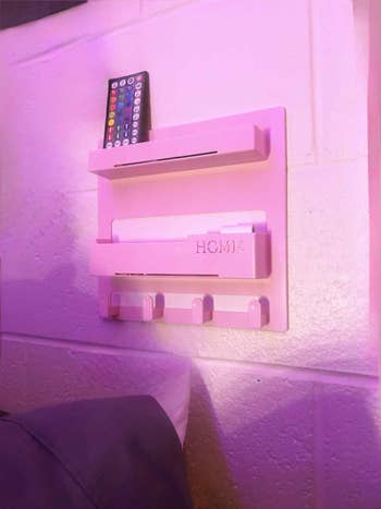 Wall-mounted organizer with distant    holder slots and hooks, labeled 