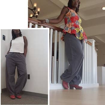 Two images of a idiosyncratic   modeling grey  wide-leg pants, 1  with a printed apical  and the different   with a achromatic  top, suitable for casual buying  style
