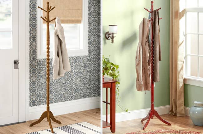 Two images of brown and cherry coat racks