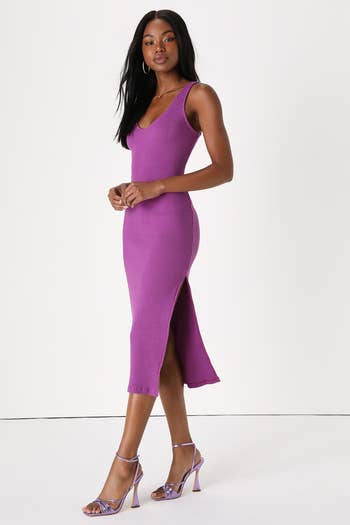 same model wearing the dress in purple
