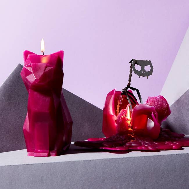 on left: pink cat-shaped candle, on right: same cat candle with cat skeleton under melted wax
