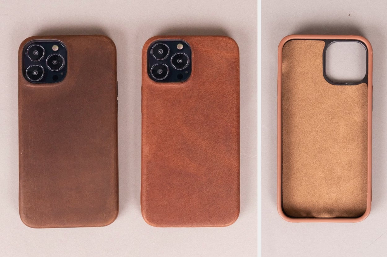 Two black phones inside dark brown and light brown leather phone cases on an off white background, interior view of product without a phone inside and a soft interior