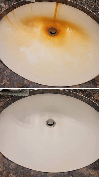 before/after of a rusted sink that's been cleaned, leaving the porcelain white