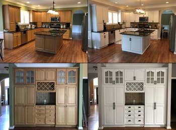 reviewer's kitchen before and after using the white cabinet paint kit