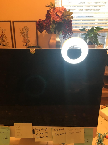 a reviewer's ring light attached to their desktop monitor