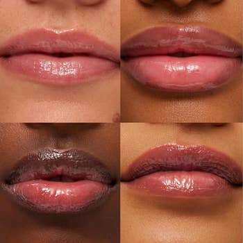 Close-up of four women wearing glossy lip gloss, showcasing different lip textures and finishes
