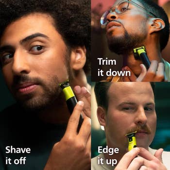  1  trims a beard, different  shaves clean, and a 3rd  edges a mustache