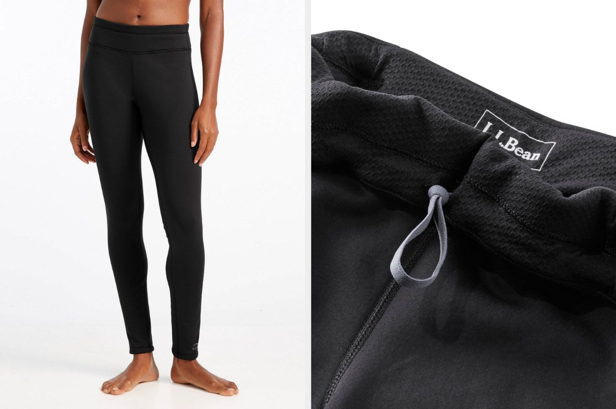 collage of model wearing the black leggings, and closeup of the drawstring