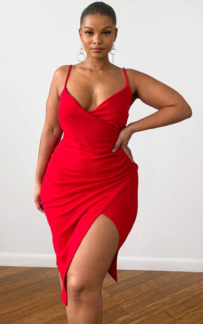 model wearing red wrap dress