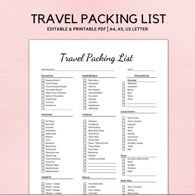 a template for a travel packing list PDF 