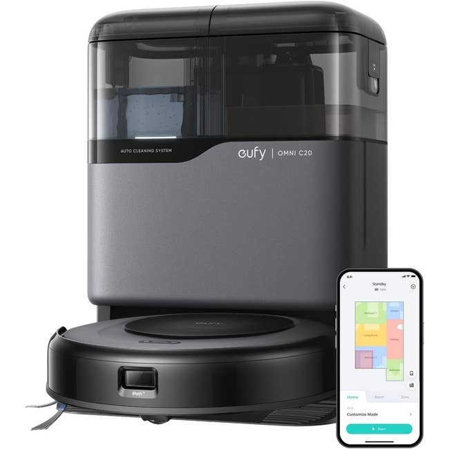 Eufy Omni C20 robotic vacuum and smartphone displaying cleaning app interface successful a merchandise showcase