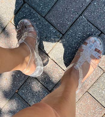 Reviewer wearing clear sandals