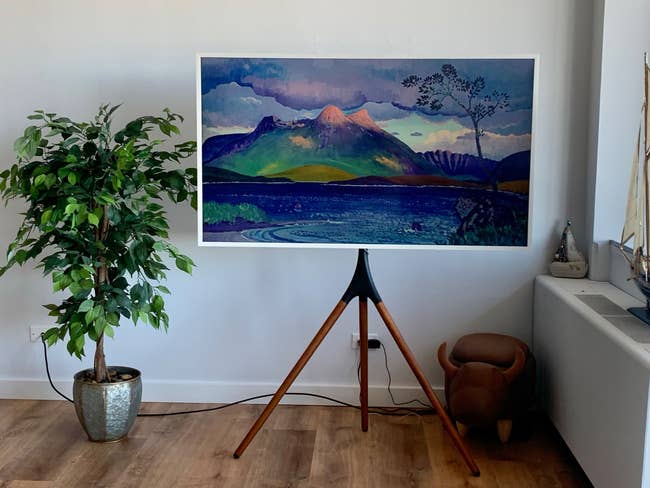 Landscape coating connected easel-style TV surface adjacent to a potted works successful a modern surviving room