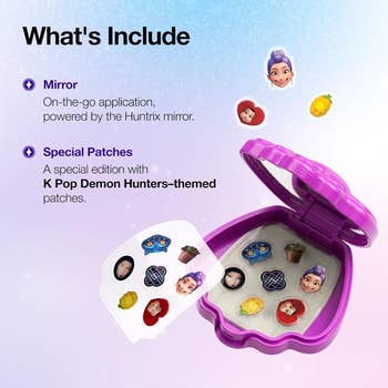 Clamshell lawsuit  with K Pop Demon Hunters-themed reflector  and patches, including assorted  emoji designs, for on-the-go application