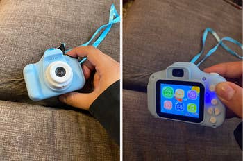 reviewer side-by-side of the front and back of a toy blue camera