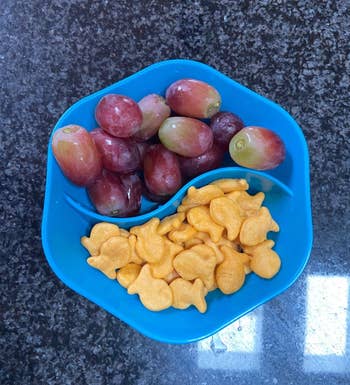Blue version split with grapes and Goldfish crackers 