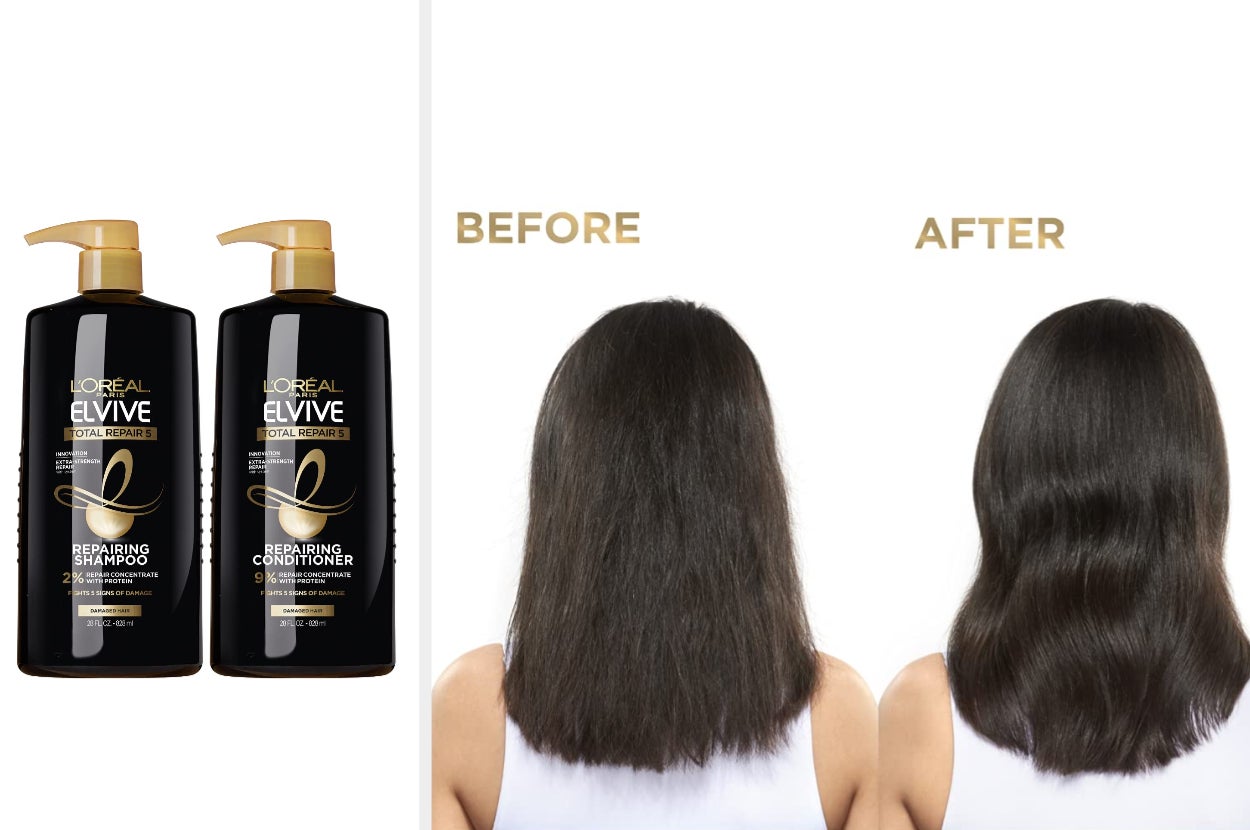 Brown and gold bottles of shampoo and conditioner on a white background, model's hair before using product and after with white tank top on, on a white background