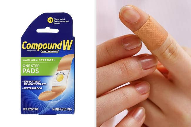 Compound W wart removal pads box next to a hand with a bandaged fingertip