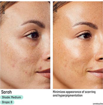 a before and after of a model wearing the medium drops which make their skin noticeably more tan