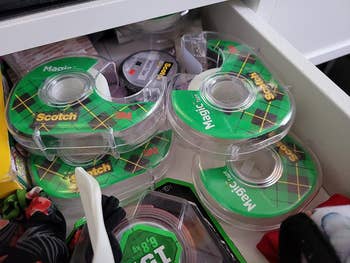 A reviewer's drawer filled with tape