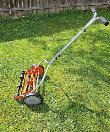 reviewer photo of the lawn mower on freshly cut grass