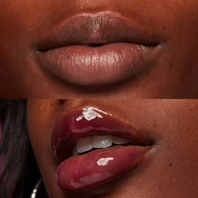 a model's lips shown before and after the gloss