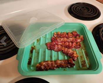 The bacon cooked and crisped in the container 