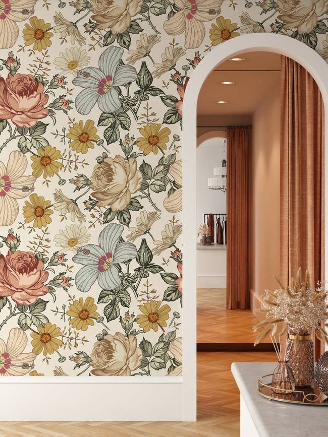 the colorful floral wallpaper in a home
