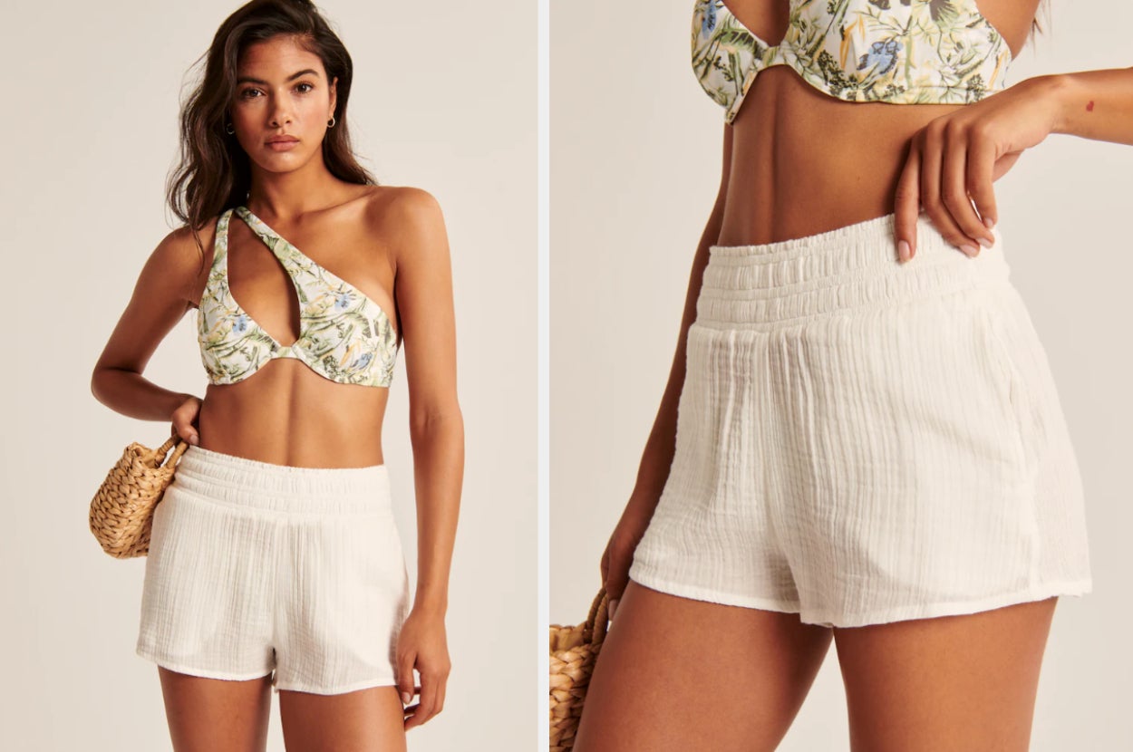 Two images of reviewer wearing gauzy short coverups