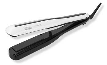 White and black flat iron with black cord on a white background 