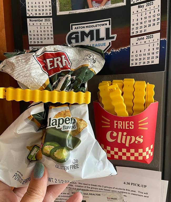 reviewer holding up an open bag of chips with a french fry clip on it next to the container of french fry clips stuck on their fridge