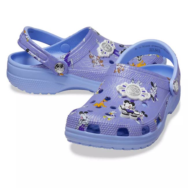 purple disney crocs with mickey and friends on them