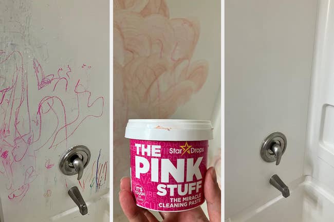 reviewer image of writing on wall, image of pink stuff covering it, image of clean wall 