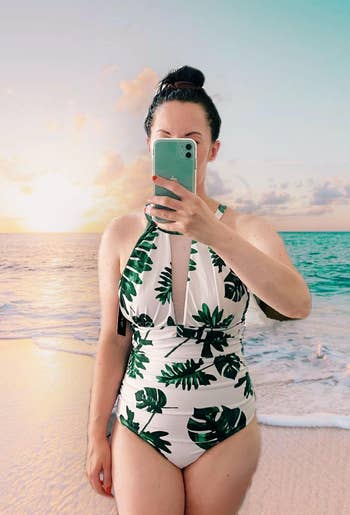 a different reviewer wearing green leaf print