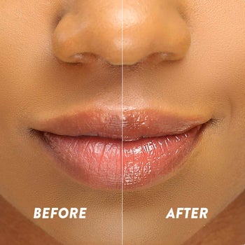 before and after photos showing a model's lips looking dry, and then hydrated after applying the lip mask