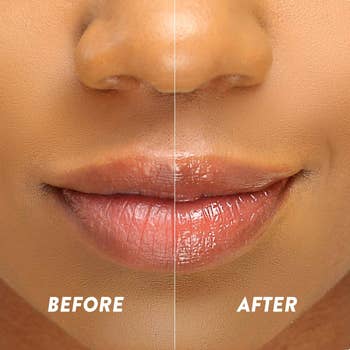 before and after photos showing a model's lips looking dry, and then hydrated after applying the lip mask