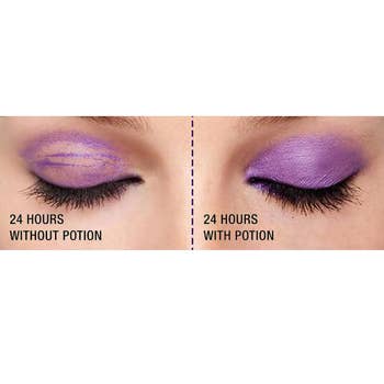 comparison photo of model's eyelids showing one with faded eyeshadow after a day of not using the primer and one with purple eyeshadow still intact after using the primer