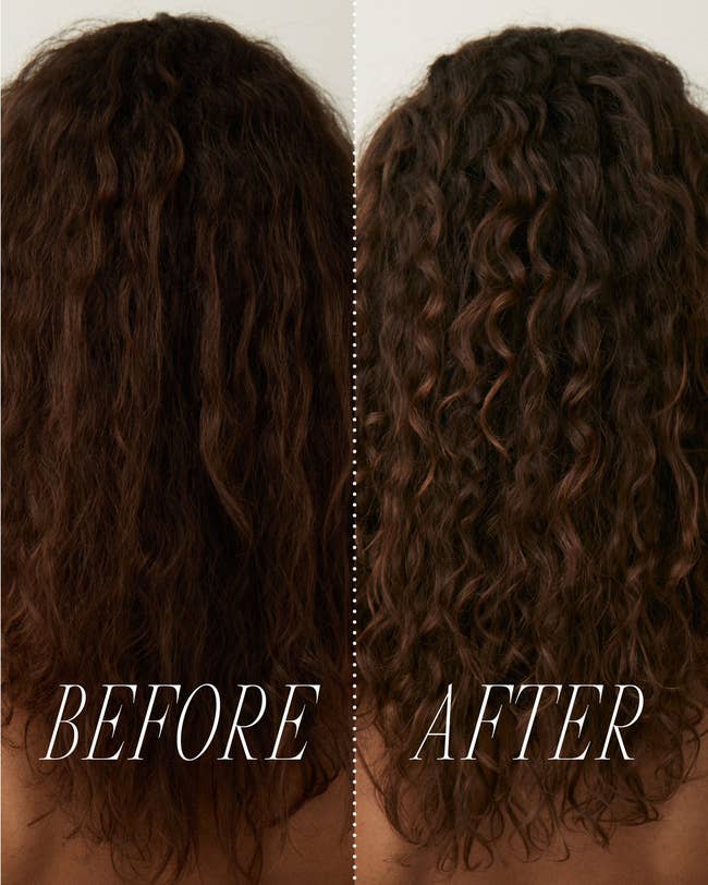 before and after images of a model with dull, frizzy hair that becomes curly and shiny