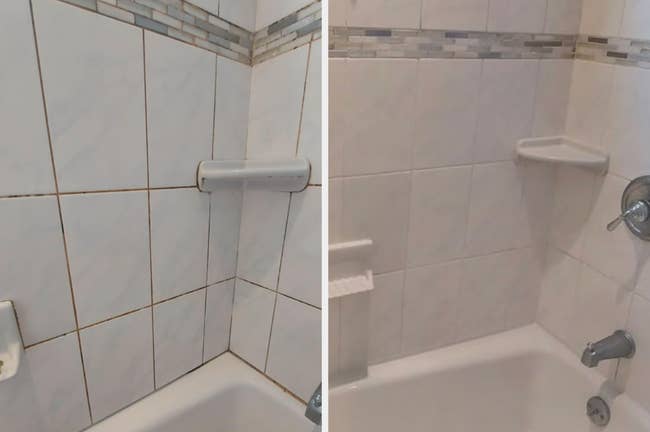 Before and aft images of a bathtub corner. Left shows stained grout; close shows clean, renovated tiles and grout