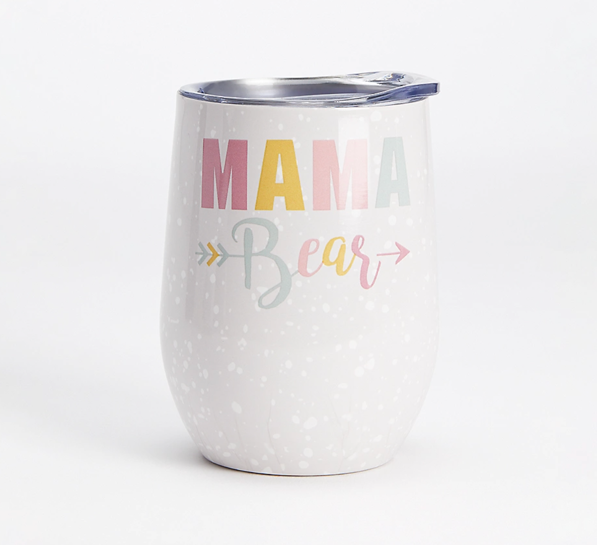 white tumbler that reads mama bear in colorful text