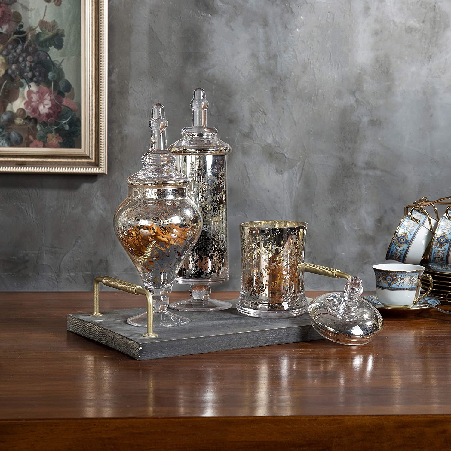 Three silver mercury apothecary jars