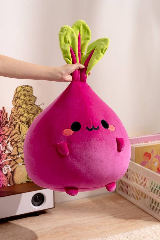 hand holding large plush beet with cute face and little arms and legs