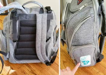 Two reviewer images of gray backpack