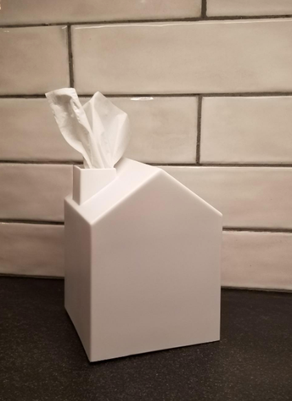 reviewer's all white tissue box in the shape of a house with a tissue coming out of the chimney to look like smoke 