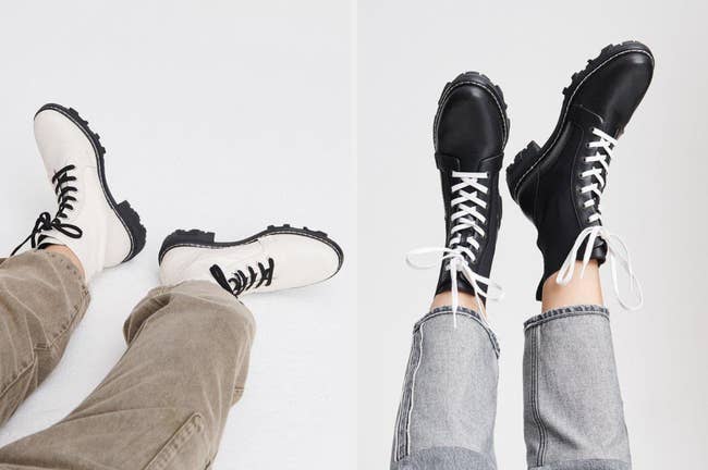 Two images of models wearing white and black combat boots