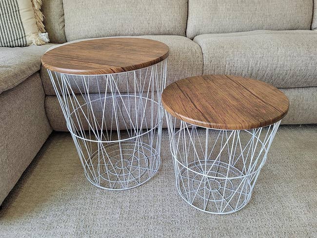 two wire tables with wooden tops