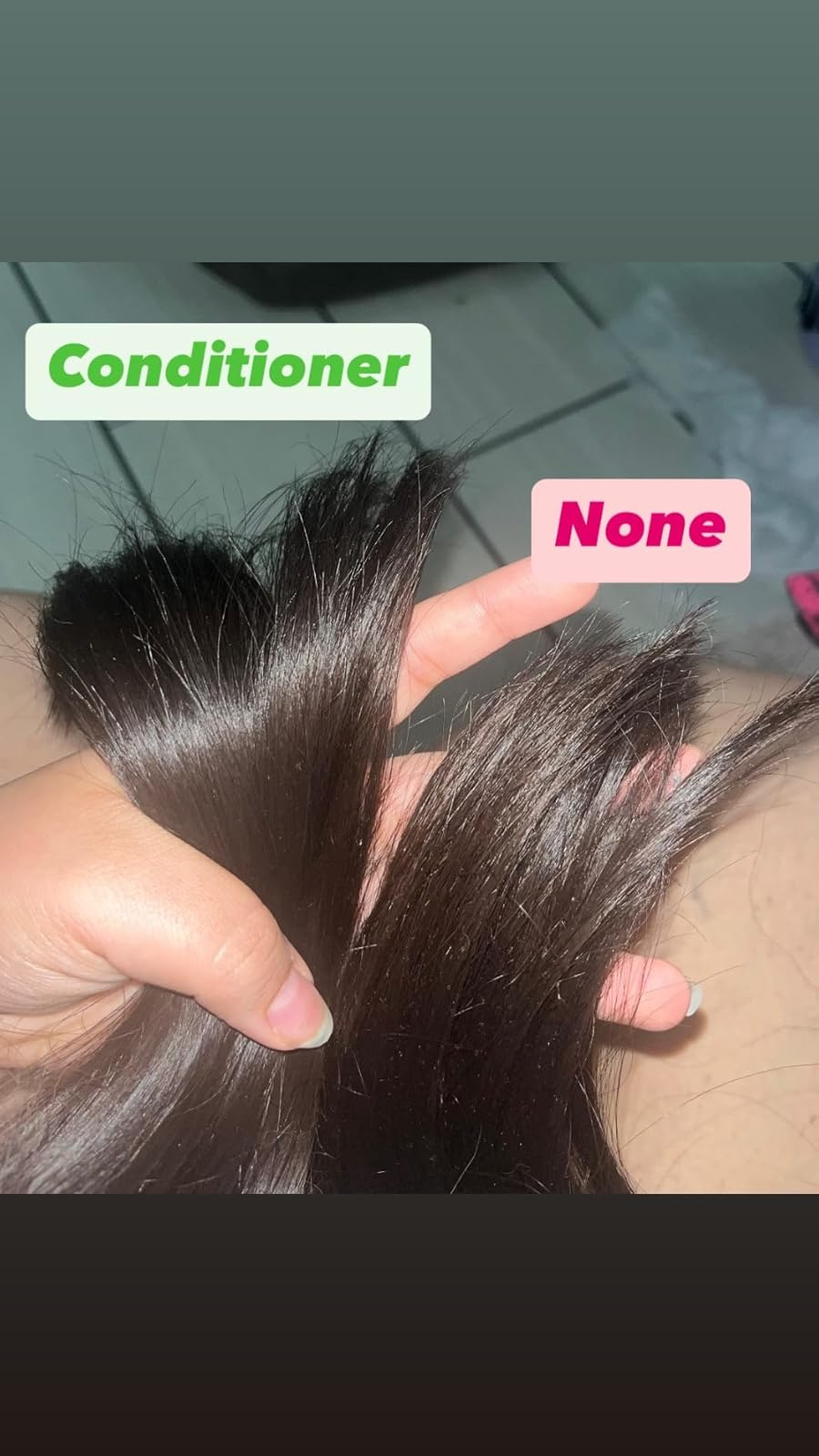 Reviewer showing result of using Marc Anthony leave in spray