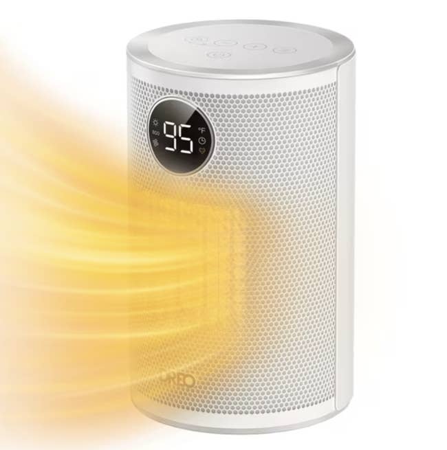 Portable abstraction heater with integer show showing 95°F, emitting lukewarm air, suitable for indoor heating solutions